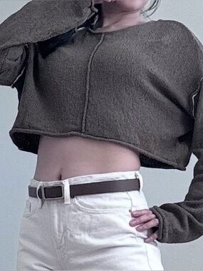 Zara Olive Green Exposed Seam Cropped Knit Top - XS